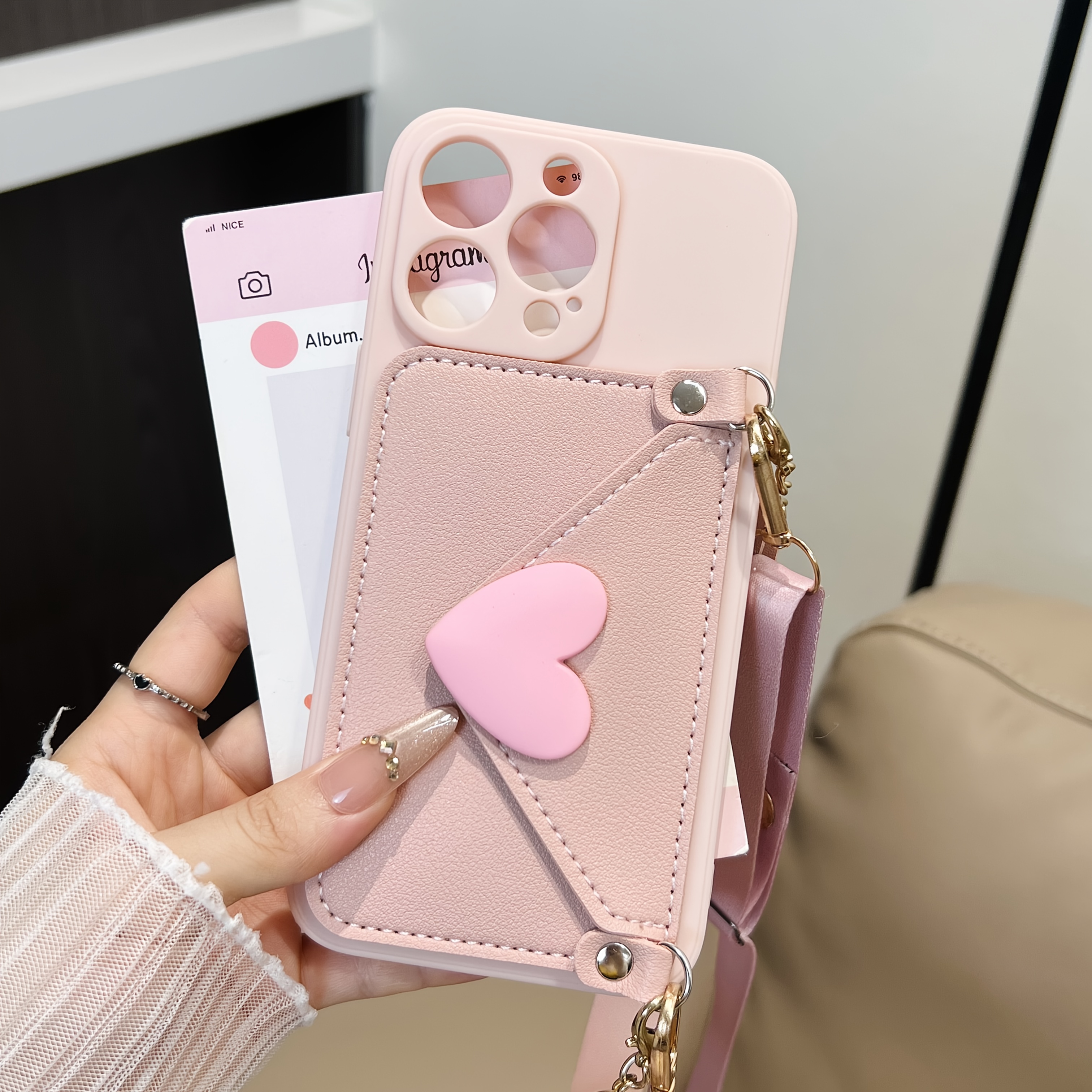 TEMU Phone Case - Handheld Card Bag With Hanging Rope Suitable For 16 Iphone 15 Crossbody Rope 13 Internet Celebrity 12 0 Wallet 11