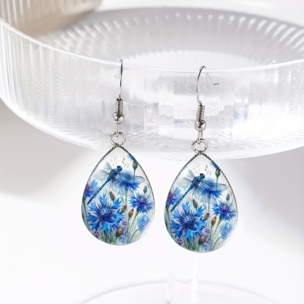 TEMU 1 Pair Dragonfly And Tear Drop Earring Handmade Glass Dome Dangle Earrings Holiday Jewelry