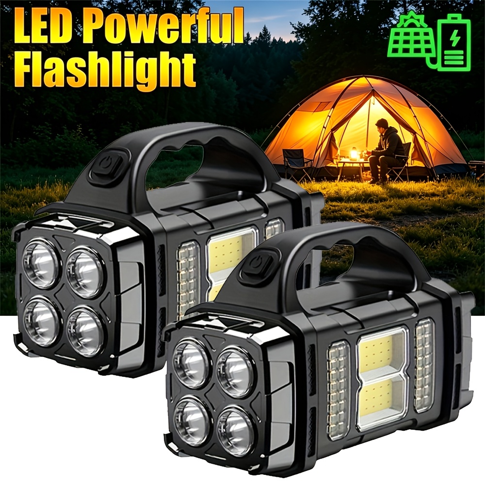 TEMU 2pcs Multifunctional Solar Flashlight,   Cob Camping Light, White/warm White , Supports Solar And Usb Charging, Handheld Flashlight, Ideal For