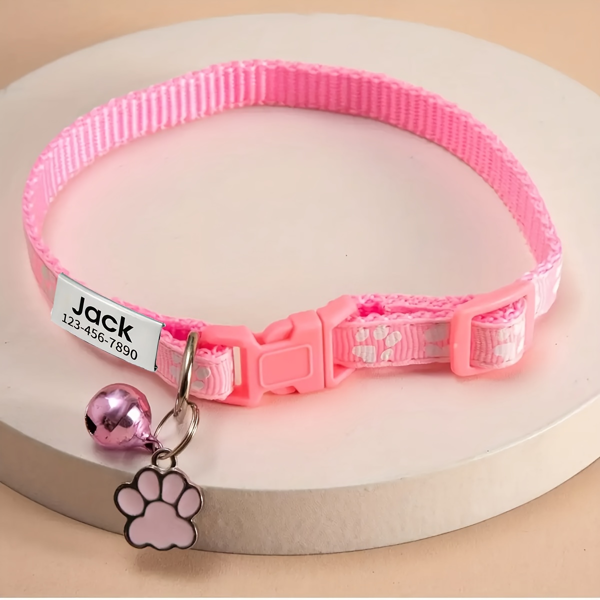 TEMU Personalized Cat Collar Compatible For Cats & Small Pets - Custom Engravable With Name, Phone Number & Contact , Paw Print Bell Pendant,
