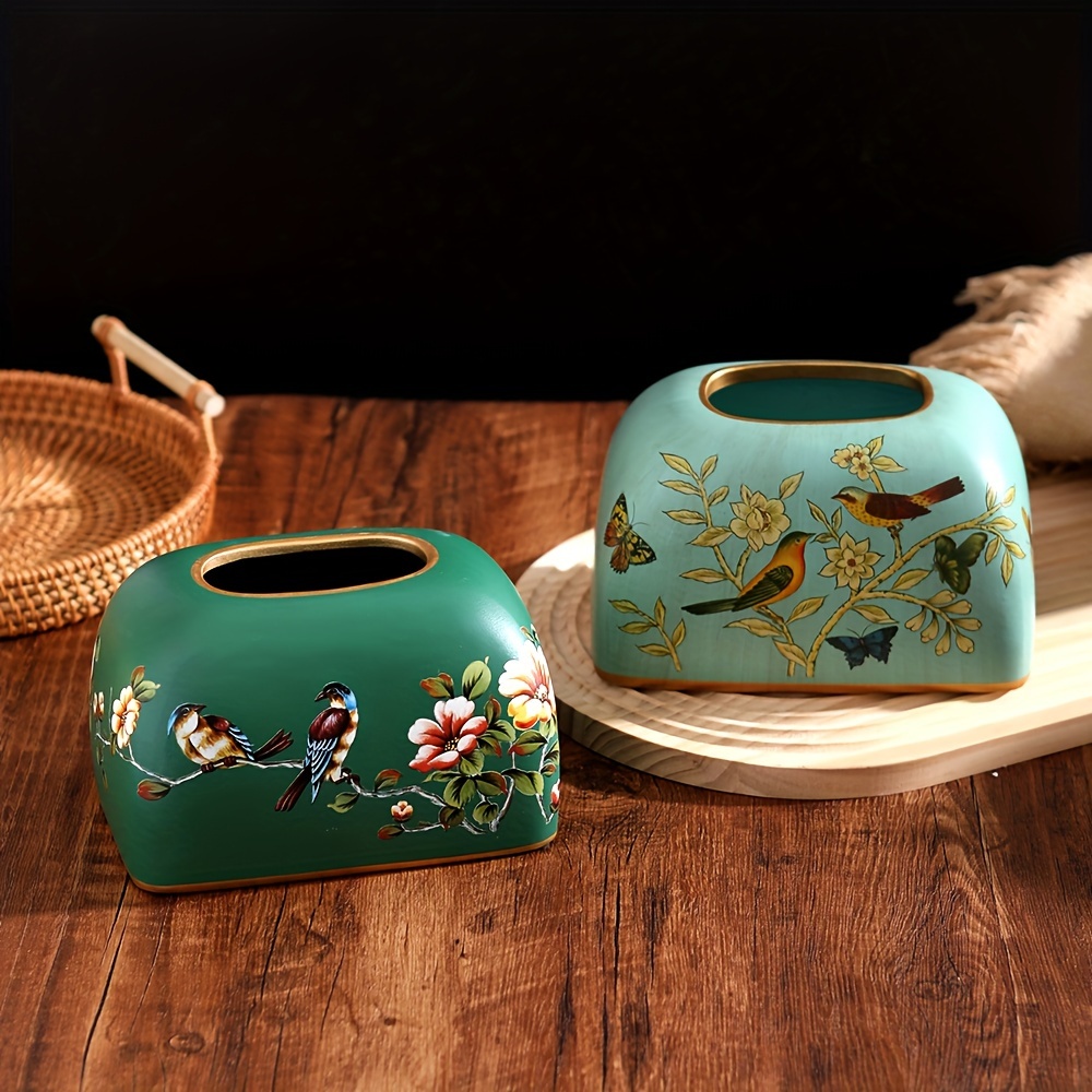 1pc flowers and birds ceramic tissue box holder elegant floral   with golden accents durable home office decor for living room dining table perfect thanksgiving gift for friends   detailed     Product details 2