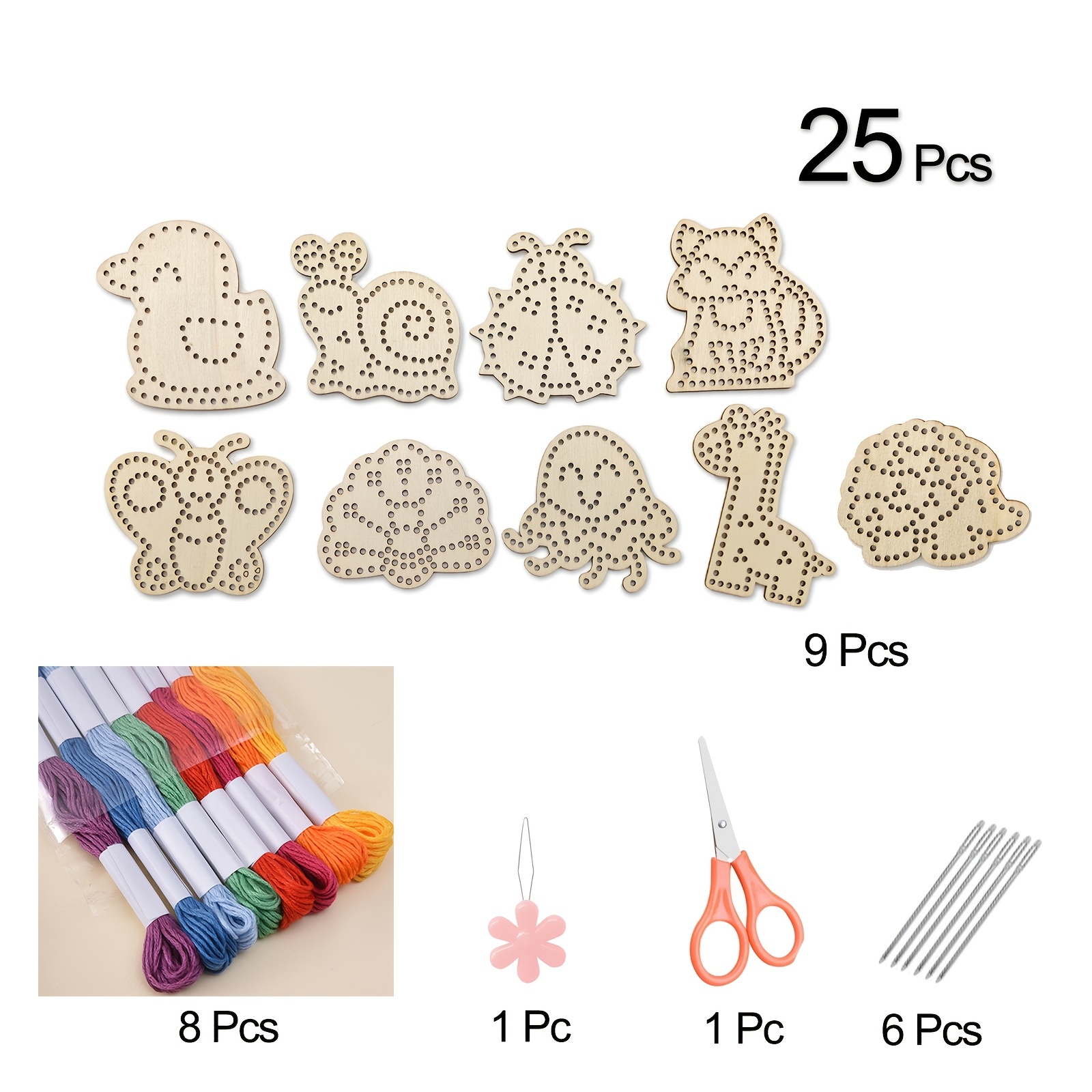 Image of 25pcs Wooden Animal Stringing Material Package, Cross Stitch Kit Wooden Handmade Crafts, Sewing Set, Fun Sewing Craft Sewing Set For Home Decor