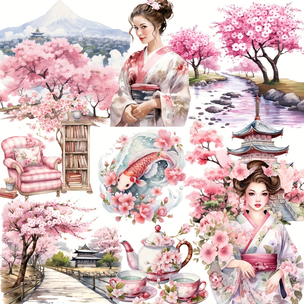 

40 Pcs Vintage Japanese Landscape And With Cherry Blossoms, , And Tea Decorative Stickers - Handmade, Reusable, And Adhesive Backed