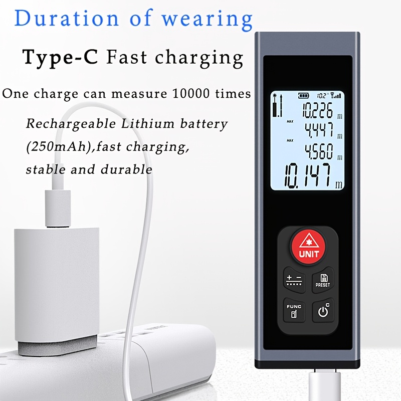 laser   rangefinder measuring tape laser subway rangefinder aluminum alloy shell usb charging supports pythagorean mode some distances have angle function laser distance 131ft 196ft 262ft 328ft Product details 8