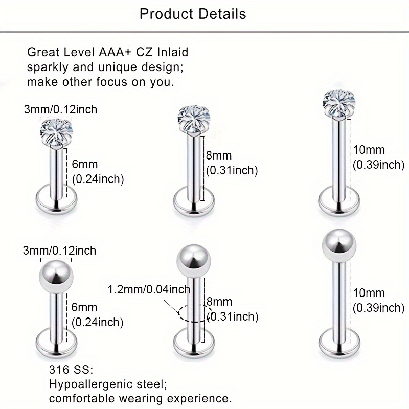 12pcs Surgical Steel CZ Zirconia Lip Stud Bar Earring Set