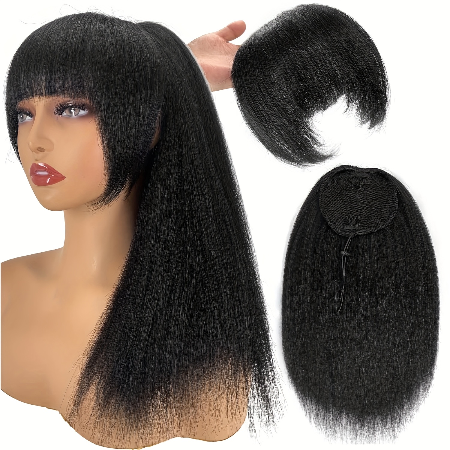 TEMU 20-inch Long Straight Drawstring Ponytail With Bangs Designed For Women - A Synthetic Hair Extension That Clips In For Daily Wear, Featuring A Sleek Black Hairpiece For A