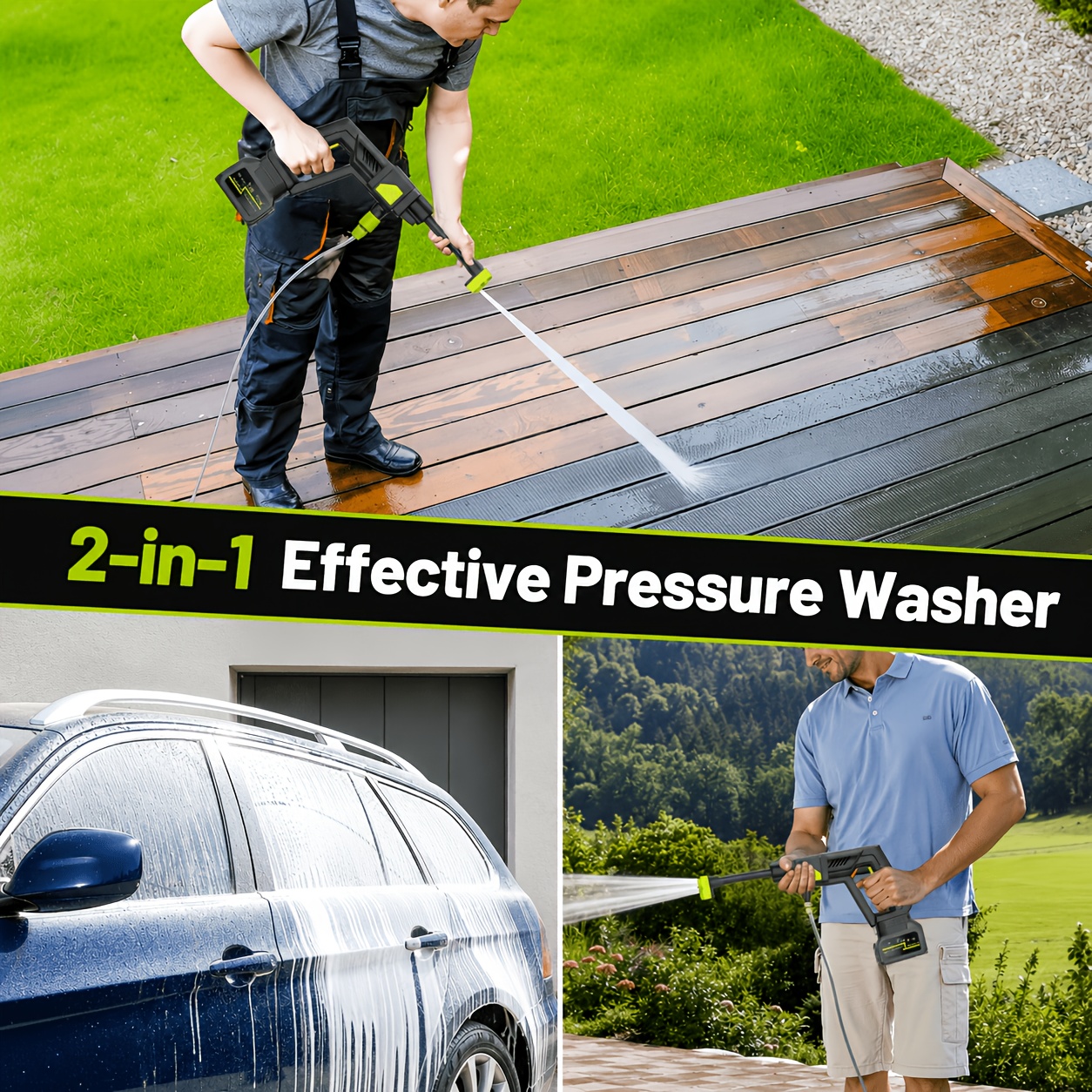 Cordless Pressure Washer Water Gun 1200 PSI | 30 Speed Levels 6-in-1 Nozzle | 7.32m High-Elastic Hose Handheld Rechargeable Lithium Battery