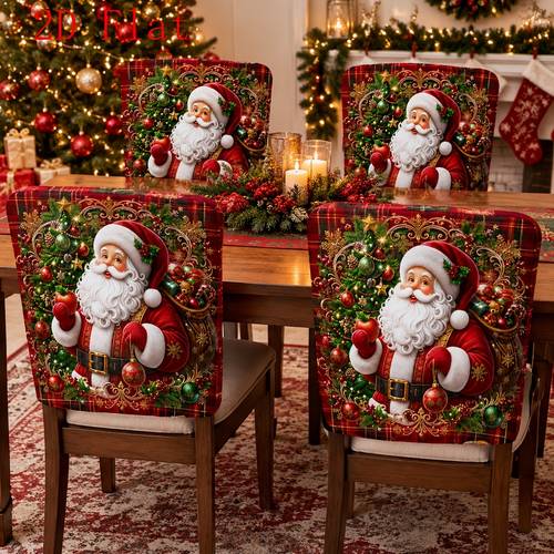 item picture 2d flat 2 4 6pcs rustic farmhouse christmas chair back covers removable washable vintage red checkered santa claus balls xmas winter chair slipcovers protectors home party decorations