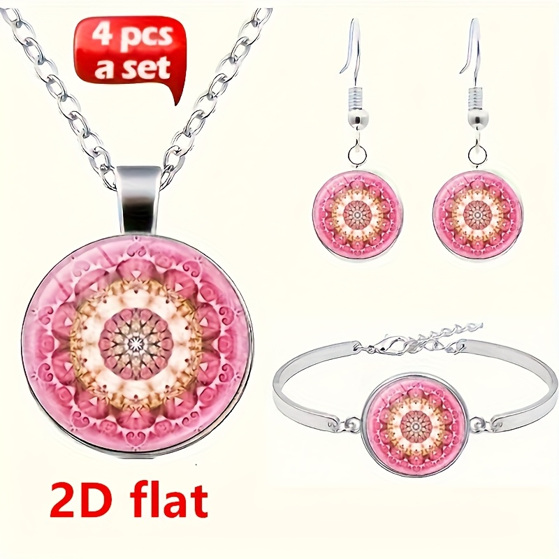 Image of Fashionable Mandala Geometric Pattern Round Glass Pendant Necklace Earring Bracelet Bracelet Set (4pcs In Total) Jewelry Necklace Earring Bracelet Bracelet Set Creative Gift For Women