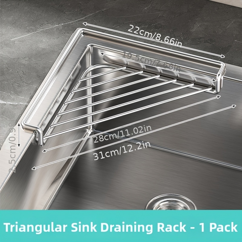 Image of 1pc Sink Draining Rack, Stainless Steel Triangular Sink Organizer, Space-, For Placing Sponges, Dish Soap, Dishcloths, Brushes, Rags, Sponges, Kitchen Countertop Organizer Shelf, Home Kitchen Supplies