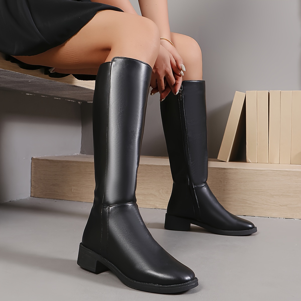 

Women' Knee-high Boots, Black, Solid Color, Velvet Lining, Sole, Mid-heel, Round Toe, Zipper Closure, , Faux Leather, Tpr Sole, Non-washable