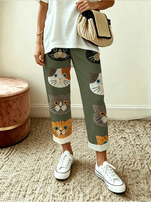 item picture casual cute cat faces printed straight leg pants nonstretch fabric pocket details elegant and comfortable for for daily wear and outdoor strolls