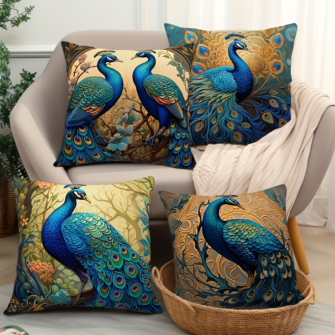 

4-piece Set Peacock Oil Painting Design Throw Pillow Covers, 18x18 Inch, Hypoallergenic Polyester, Modern Decor For Sofa & Bed, Machine Washable With Zip Closure