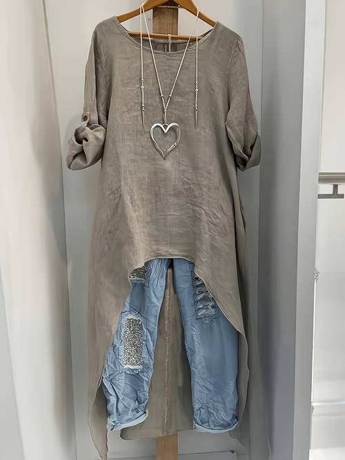 damen-langtop aus leinen, asymmetrisch, mit rundhalsausschnitt, weites, bequemes vintage-leinenhemd, vorne kurz, hinten lang, elegante, vielseitige, modische bluse für frühling/sommer
