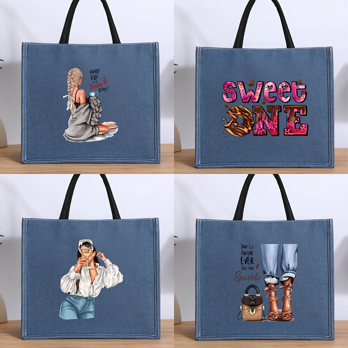 

Chic Denim Canvas Tote Bag With Vibrant Print - Work, Shopping & Casual