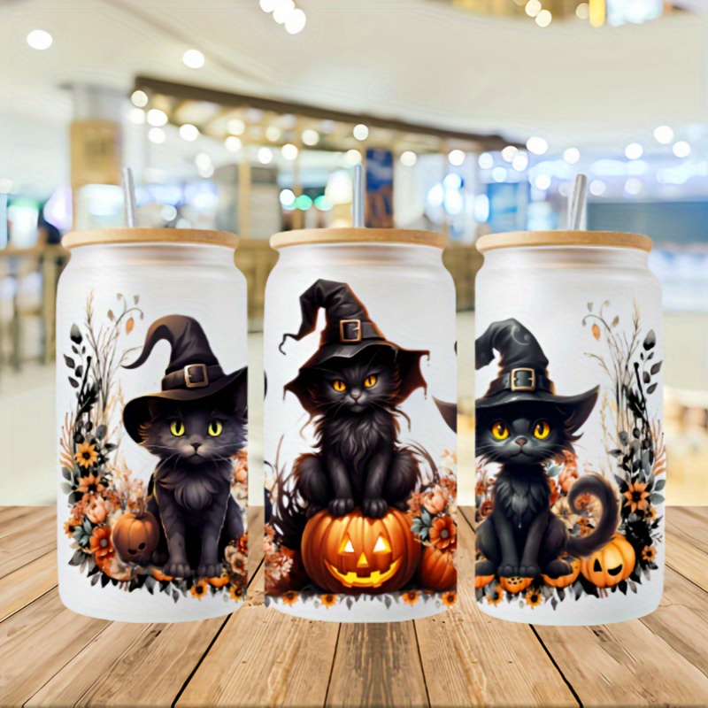 

Festive Halloween Cats In Witch Hats - 24cm/9.44inch Uv Dtf Stickers For Glass Mugs - Waterproof, Scratchy, And Oil Resistant - Suitable For Diy Decorations