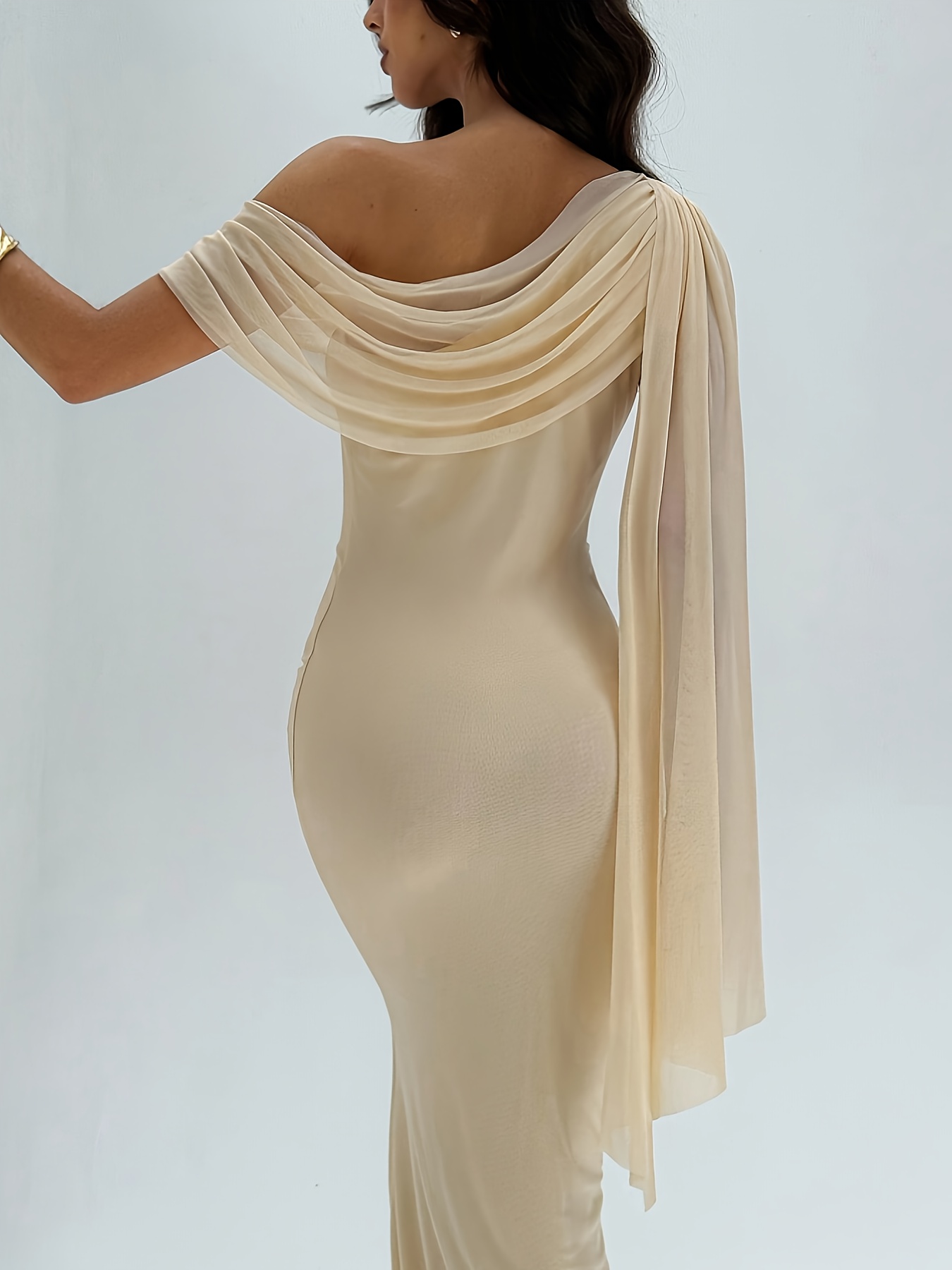 2025 new cream colored asymmetric neckline long dress