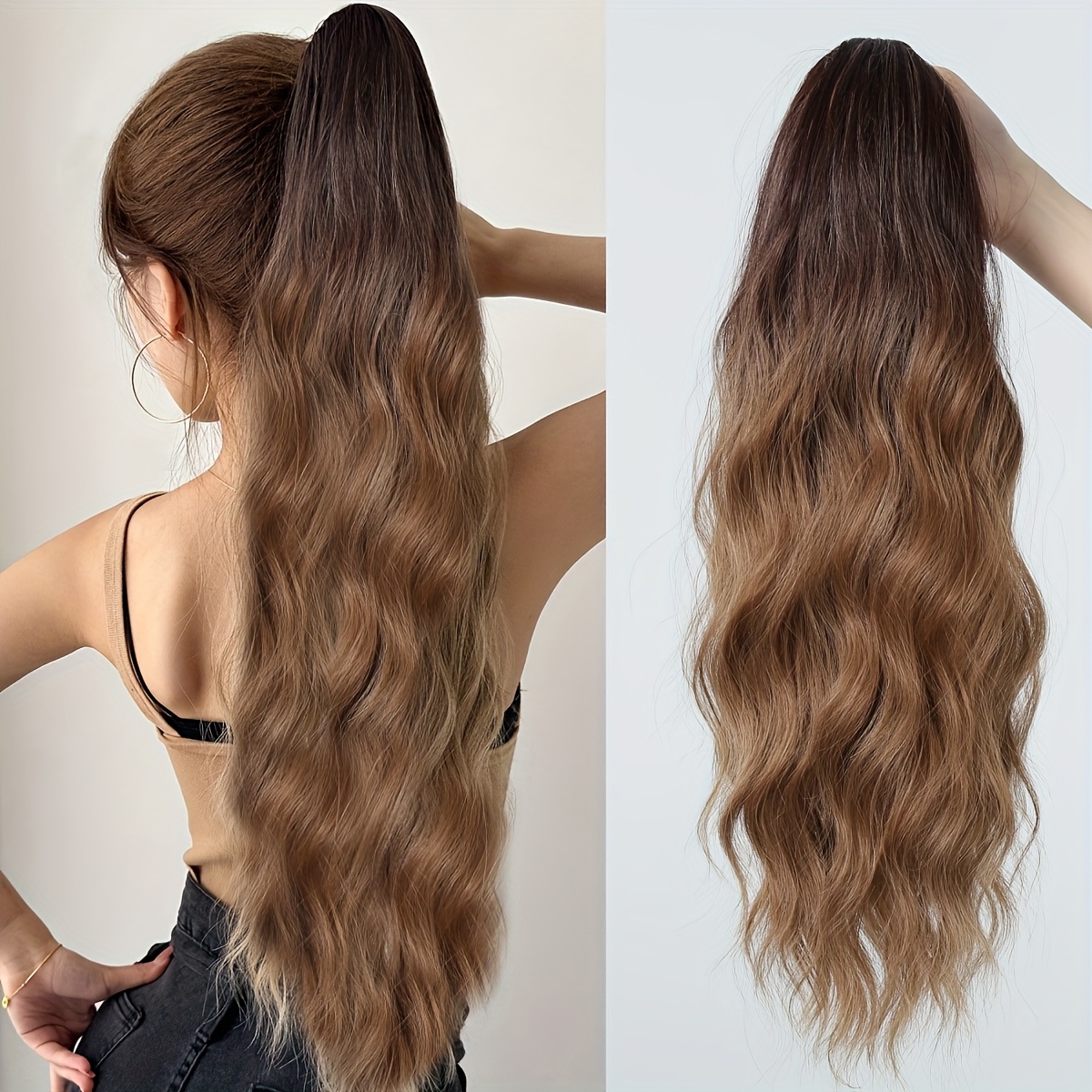 Image of Women' 22-inch Clip-in Curly Ponytail Wig - Long Extension With Body Wave/, High-temperature Synthetic Hair Suitable For & Hair Types