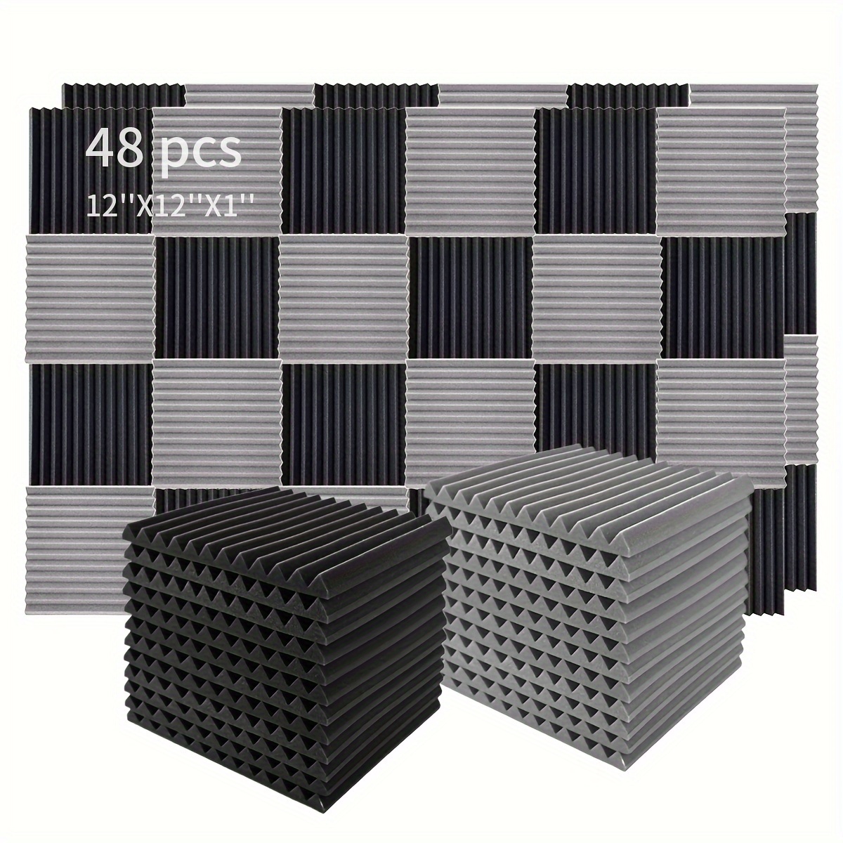 

48pcs Acoustic Foam Panels - Fireproof Soundproofing Wedges, 1"x12"x12", Ideal For Studio, Bedroom & Office - Black And Gray Foam Wall Panels Soundproof