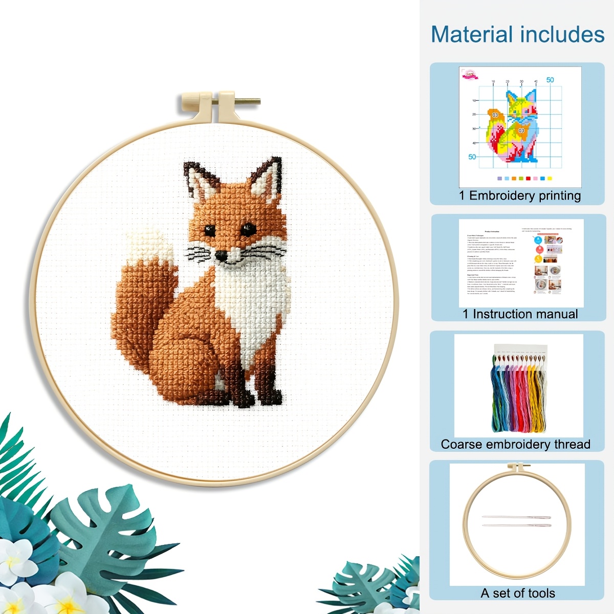 TEMU Niedliches Waldtier Kreuzstich Set - Muster von kleinem Fuchs, Eichhörnchen, Waschbär und Affe. Kreuzstich Material Pack. Leicht zu erlernen für