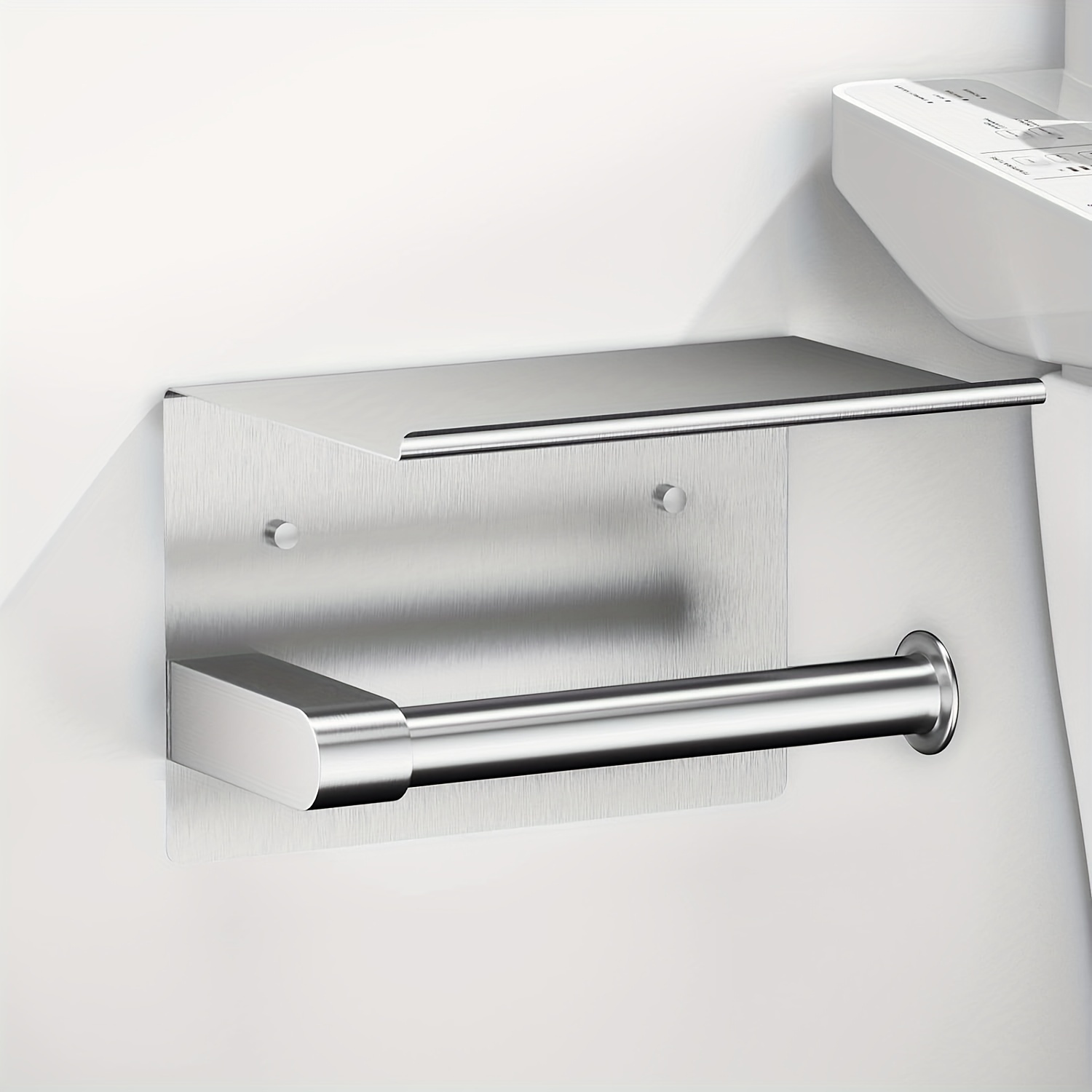 

Stainless Steel Toilet Paper Holder With Shelf - Wall Mount Or Adhesive, Bathroom Tissue Rack For Towels & Accessories