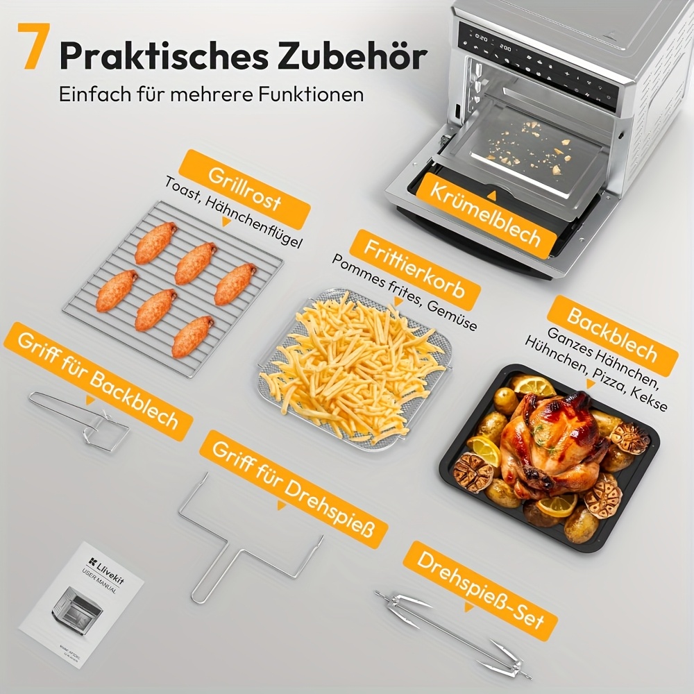 26L Hot Air Fryer XXL, Hot Air Oven With LED Touch Screen, 12-in-1 Stainless Steel Mini Oven With Convection, 7 Accessories, 1700 W Oil-Free Rotisserie Function Air Fryer Commercial Cooking Equipment Commercial Oven