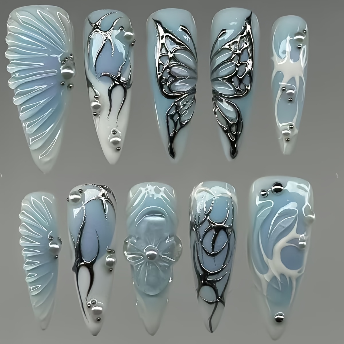 

10pcs Set Of Luxurious Nail Stickers, White And Blue Gradient Hand-painted Embossed 3d , Shapes And Glossy Surfaces Suitable For Girls And Women As Gifts