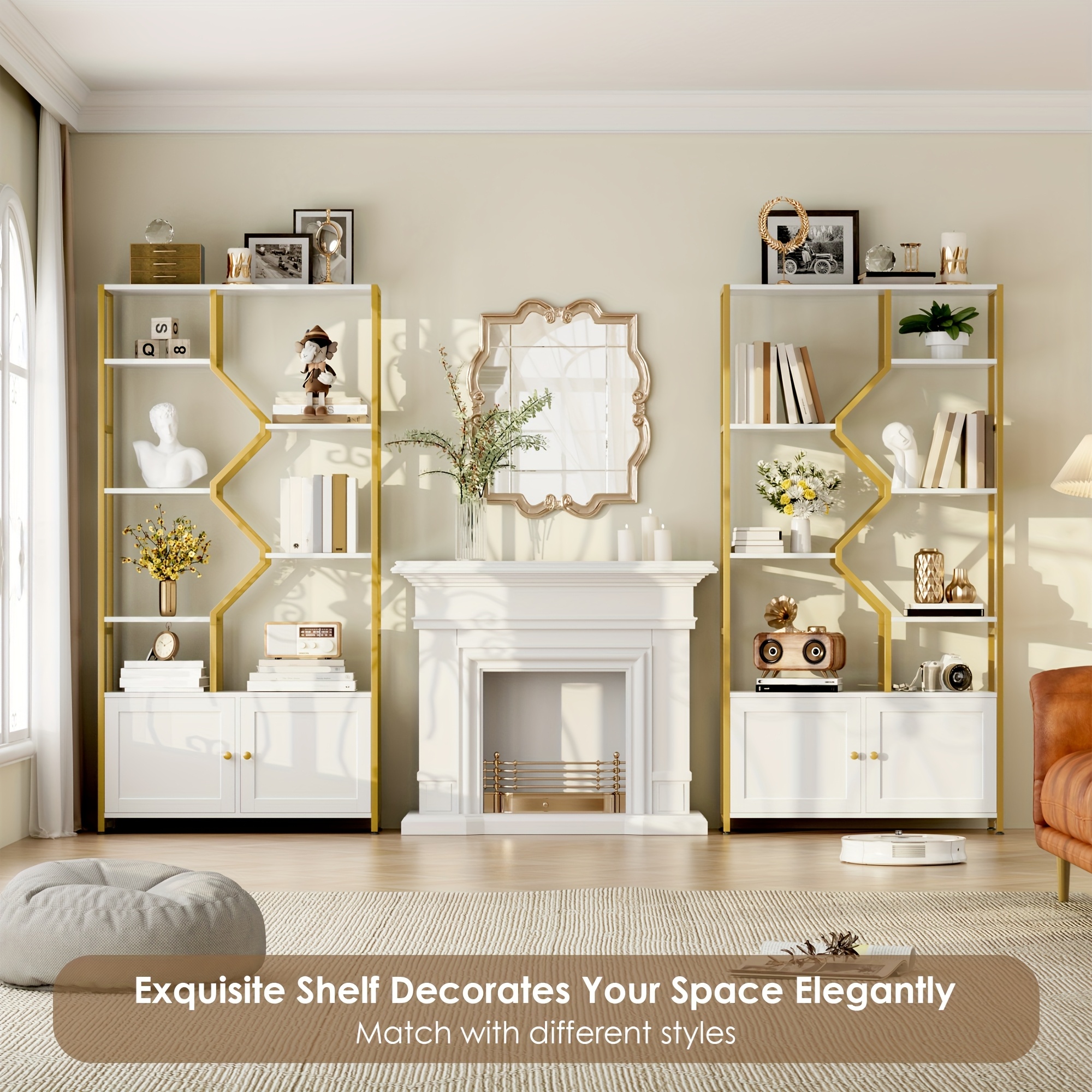 76'' Tall Industrial Bookshelf with Doors, Display Large Bookcase With Storage and Organization Cabinet, Unique Geometric Metal Frame Design, Sturdy Wooden Shelves, Organizer for Library, Living Room, Bedroom, Office, White and Golden/Brown and Black