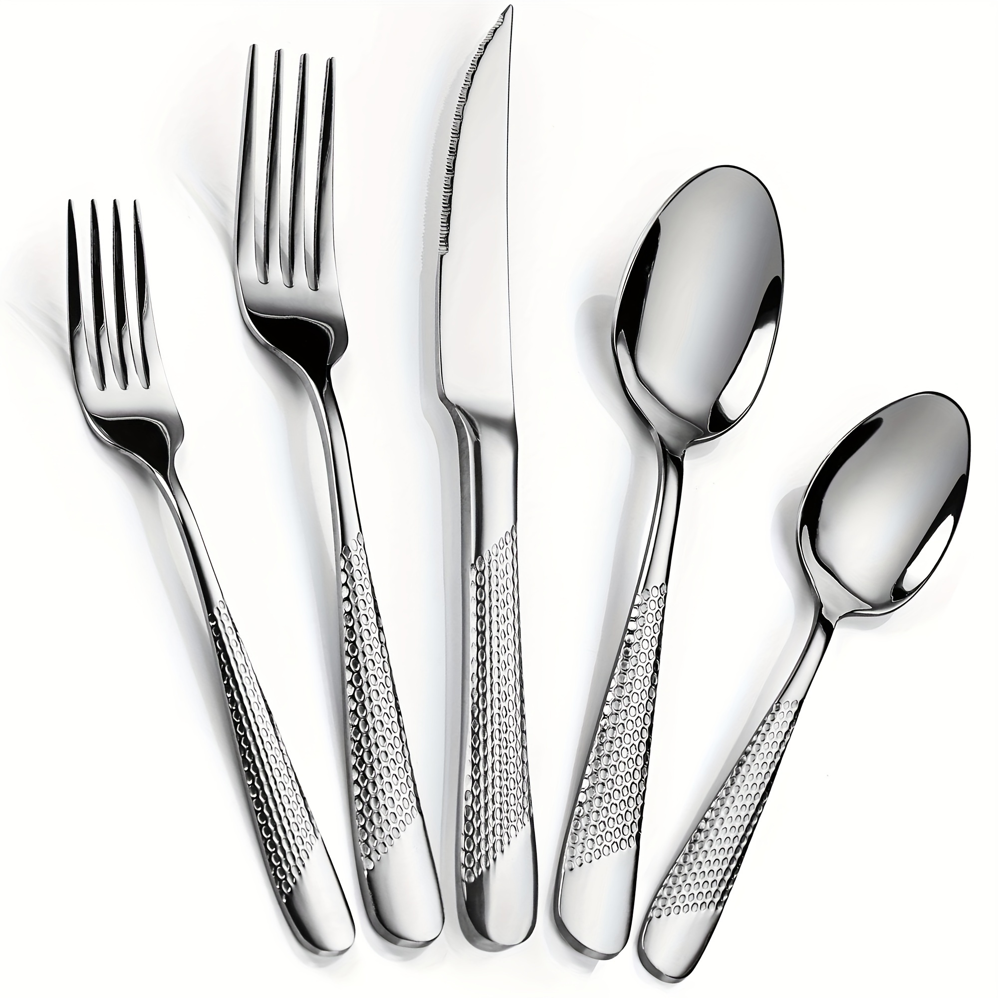 

Stainless Steel Flatware Utensil Set With Ultra Sharp 2-in-1 Serrated Knife, 40-piece Modern Hammered Silverware Set For 8, Mirror Polished, And Dishwasher Safe