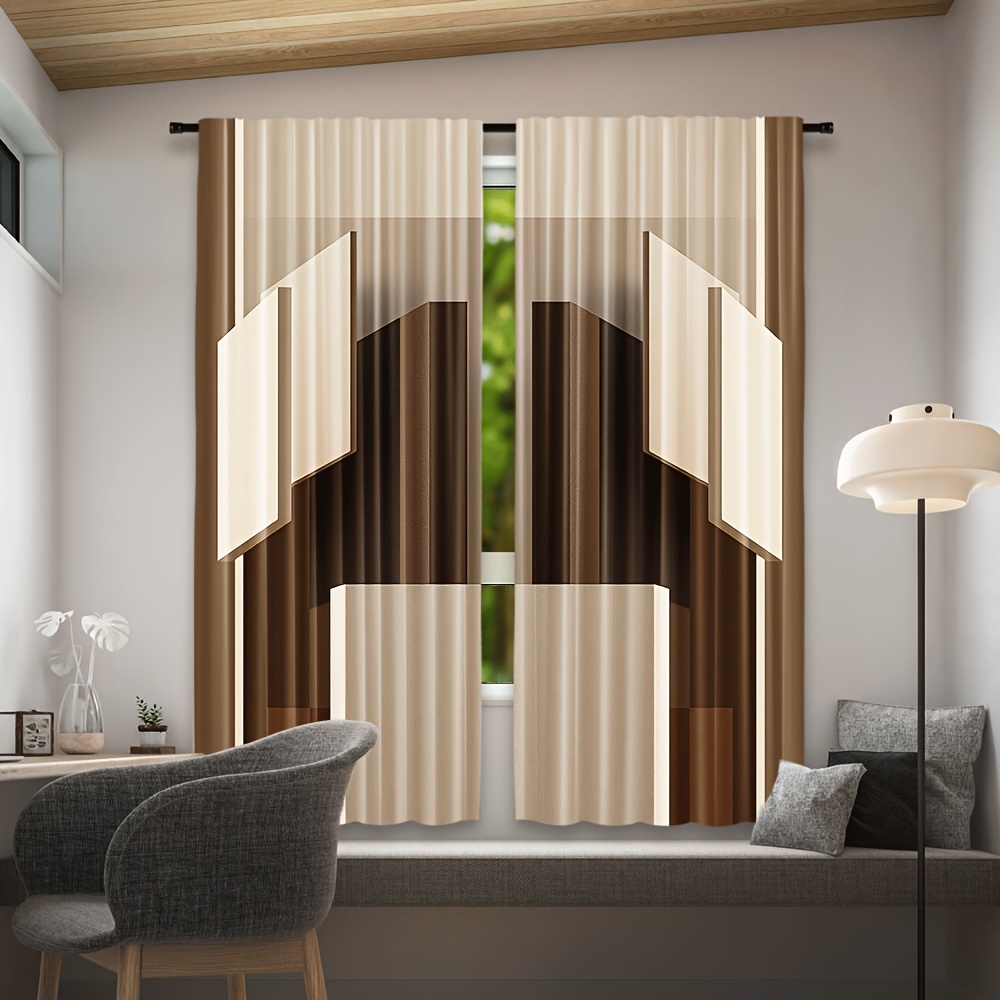 2pcs Cortinas Bege com Padrão de Bloco Geométrico - Design de Bolso de Varão 2