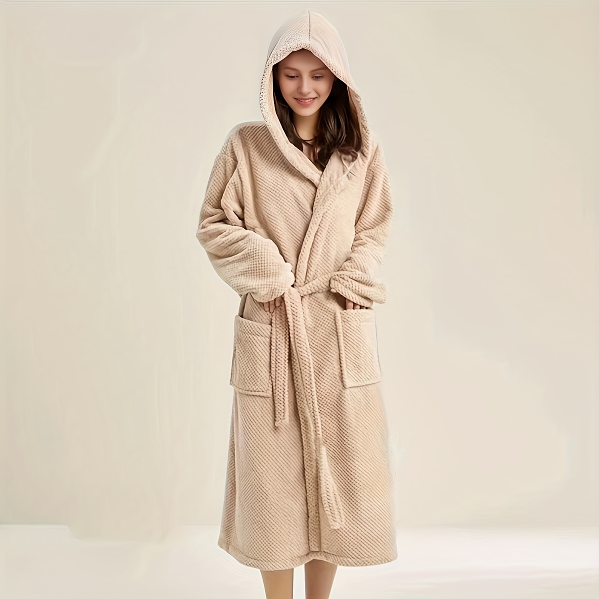 1pc Women S Cozy Hooded Bathrobe - Soft Polyester, Long Sleeve, Button- , Pockets,    , Beige, Bath Towel Robe, Bathrobe, Wash Cloths
