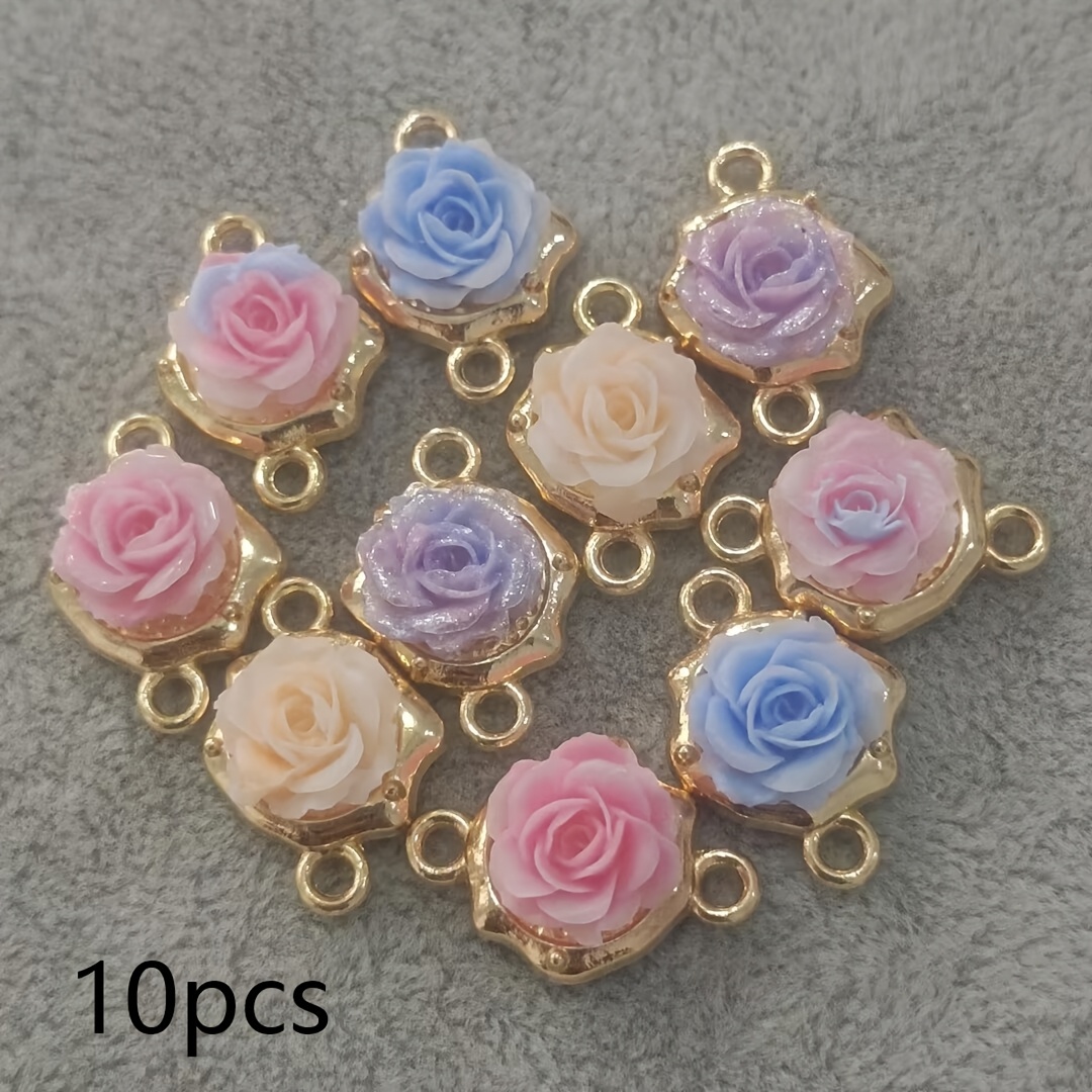 TEMU Breloques de fleurs de rose multicolores pour femmes, pendentifs de rose en résine avec base dorée/argentée pour la fabrication de bijoux