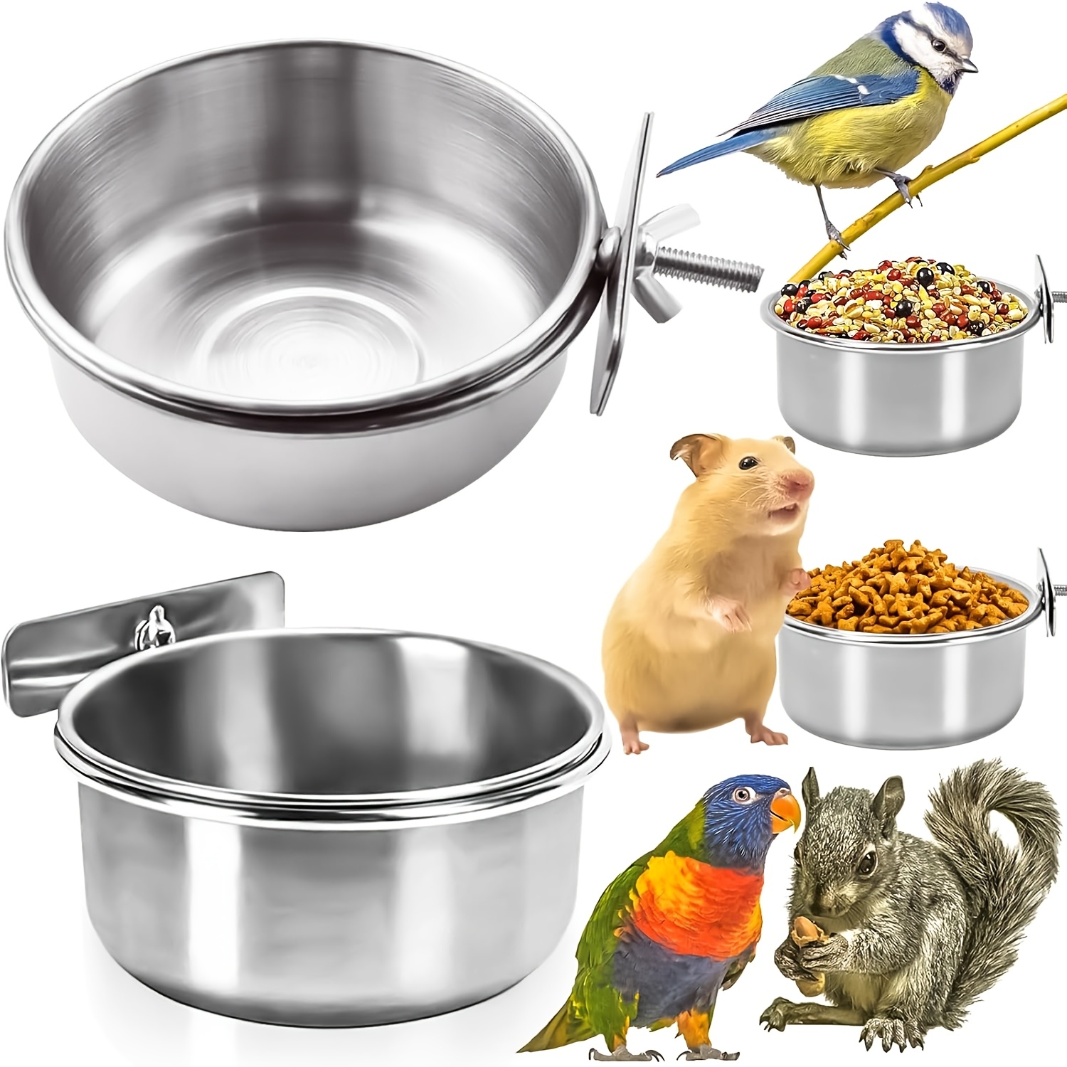 

Set Of 2 Stainless Steel Bowls For Feeding Birds, For Parrots And Other Small Pets, Complete With Clamps For To Cages.