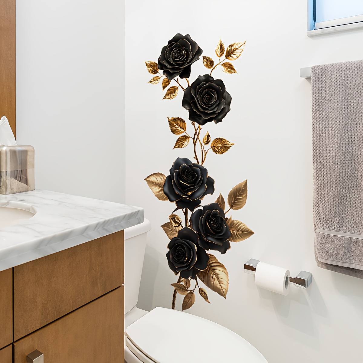 Self-adhesive Stickers Of Black Golden Rose Vines For Vintage Bathroom Wall Decoration