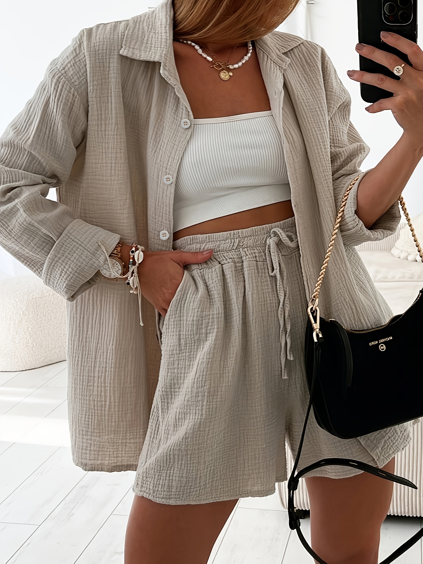 solid color casual womens cardigan button drawstring long sleeve shirt and shorts 2pcs set