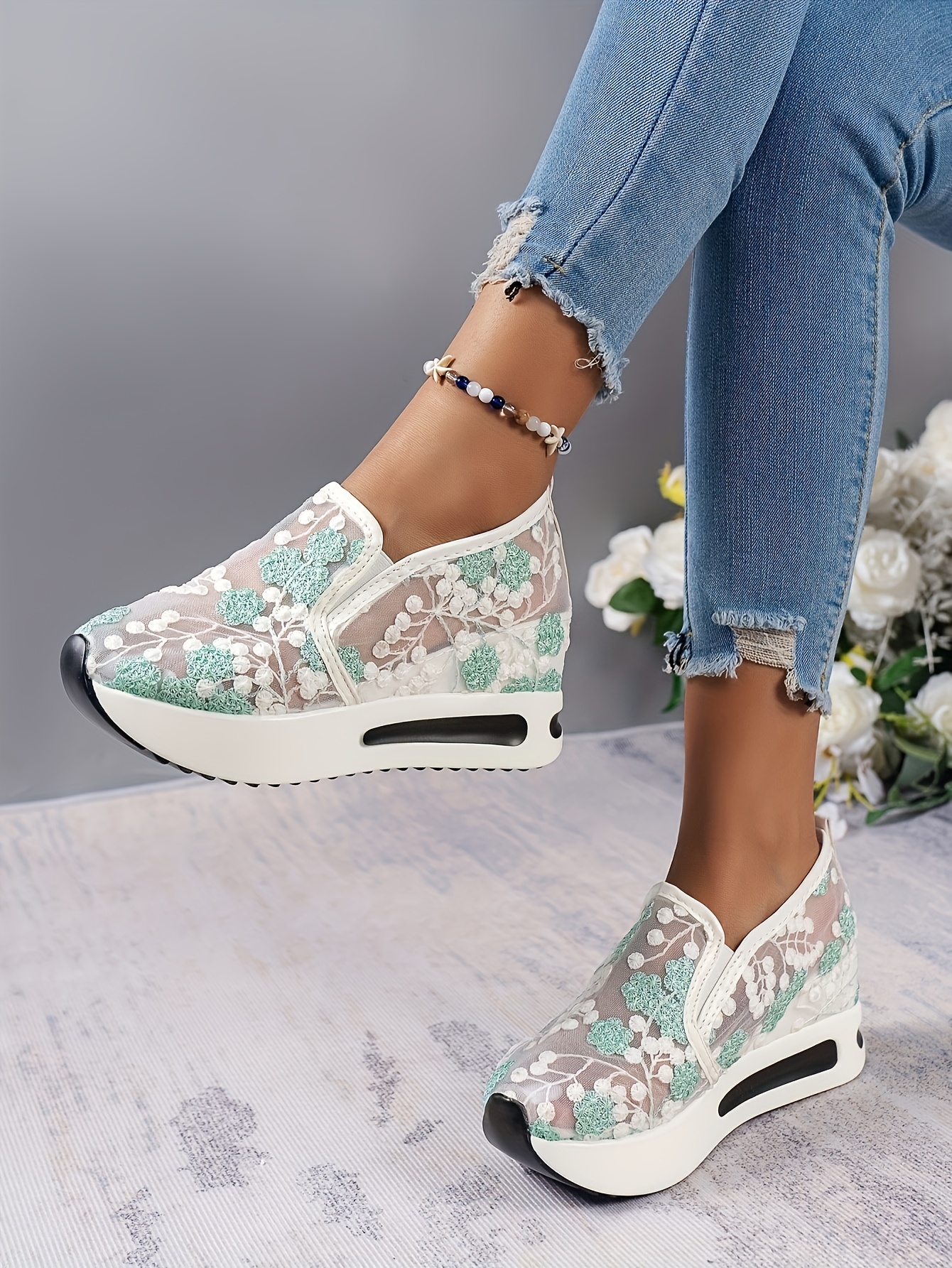 chic womens lace mesh sneakers breathable anti skid slip on platform shoes with   ladies sneakers details 0