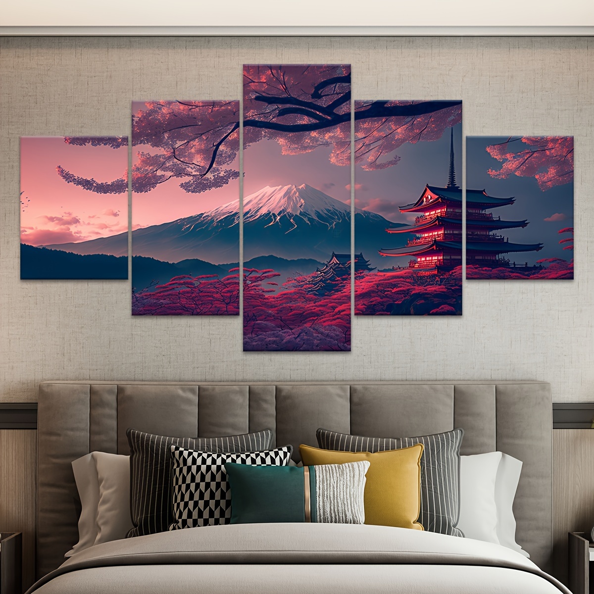2D Plat 5 stuks Lijst Fuji Sneeuwberg Sakura Boom Canvas Poster