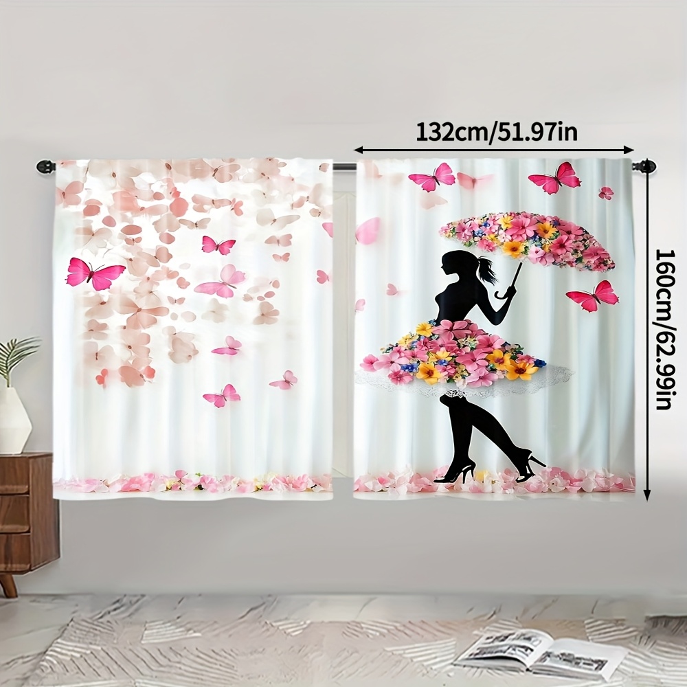 TEMU 2pcs, Cartoon World Printed Curtains, A With An Umbrella, Durable Polyester, For Living Room, Bedroom, Kitchen, Entertainment Room, Coffee