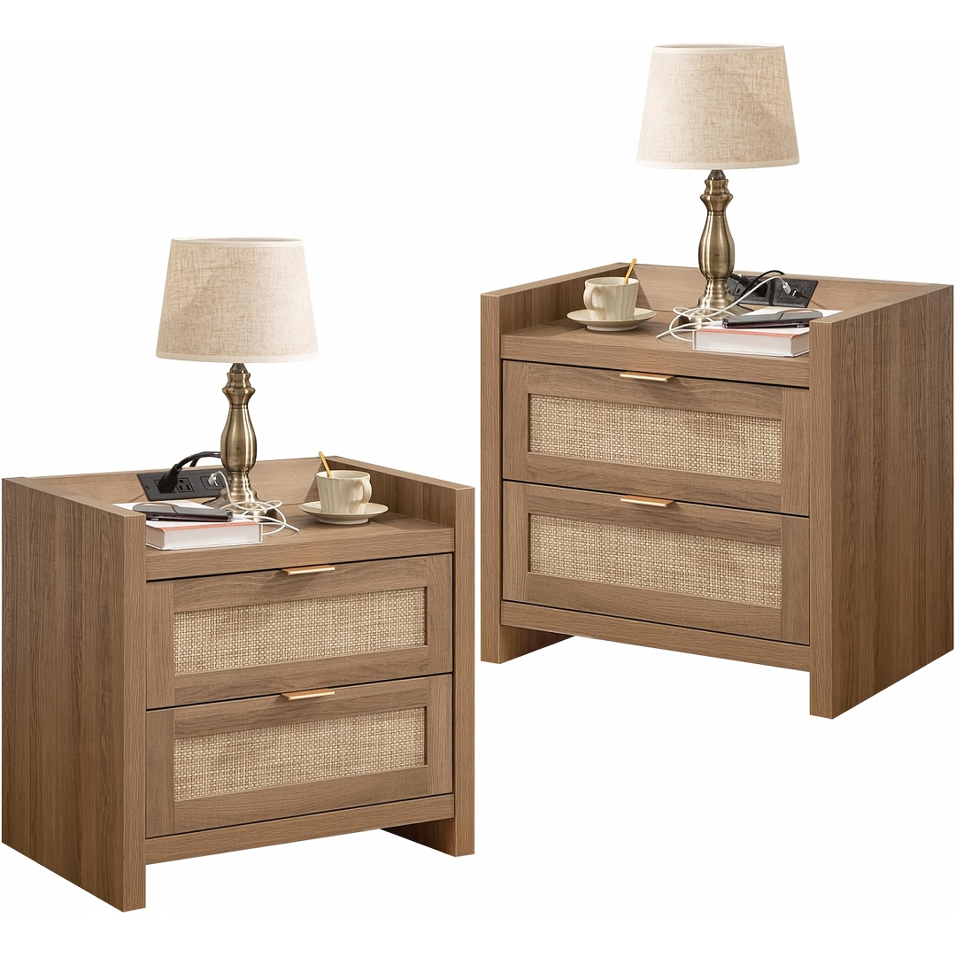 Boho Rattan Nightstand with Charging Station & 2 Drawers