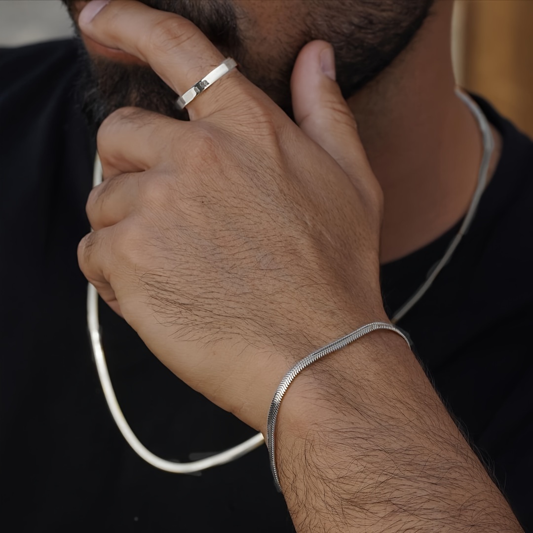 3pcs Minimalist Trendy Stainless Steel Aperture Ring Snake Bone Chain Bracelet Necklace Set For Men, Suitable For Dating, Vacation, And Daily Wear