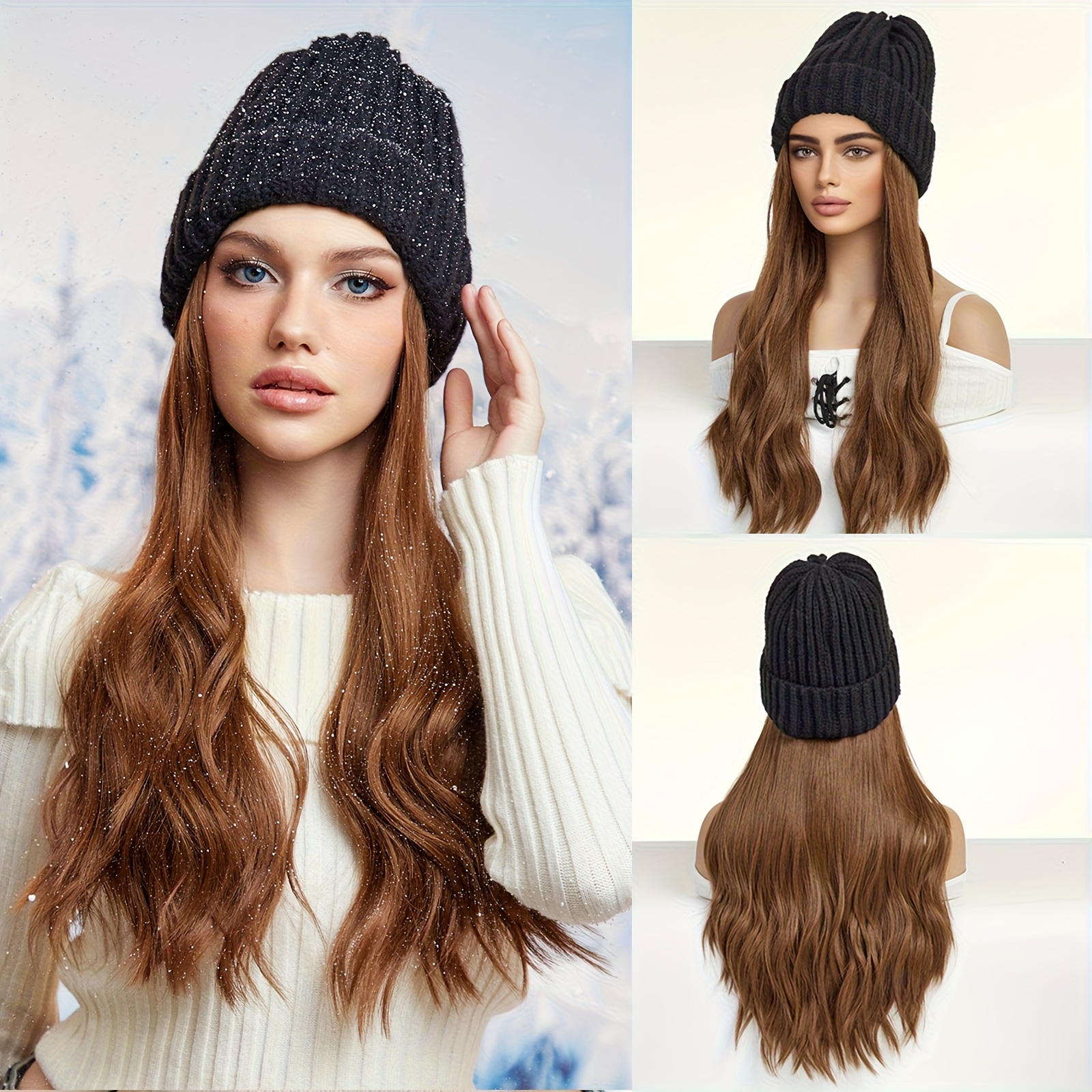 Women' Natural Long Hair Wig With Winter Hat - 16" Deep Wave Heat-resistant Synthetic Fiber Hairpiece, High Volume & Weight (no ), Adjustable For All Sizes, For /asian/african Daily Wear