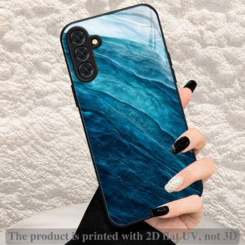phone case 2d flat tempered glass phone case for samsung for galaxy a04 a04s a05 a05s a06 a07 a13 a14 a15 a16 a17 a22 a23 a24 a25 a26 a32 a33 a34 a35 a37 a52 a53 a54 a55 5g a56 a57 s21 s22 s23 s24 fe s25 edge s26 blue wave pattern