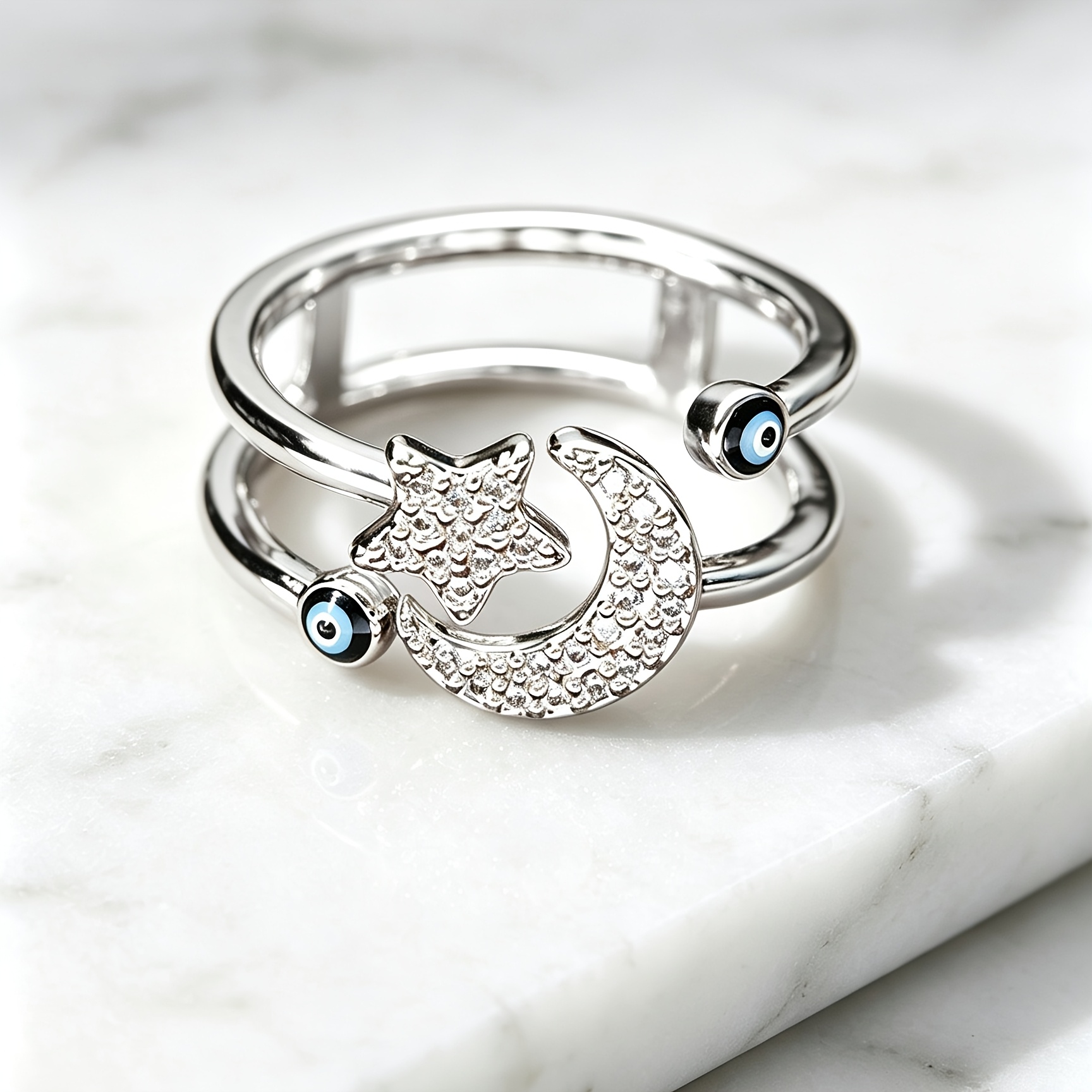 Women's Star Moon Evil Eye Open Ring, Stackable Design