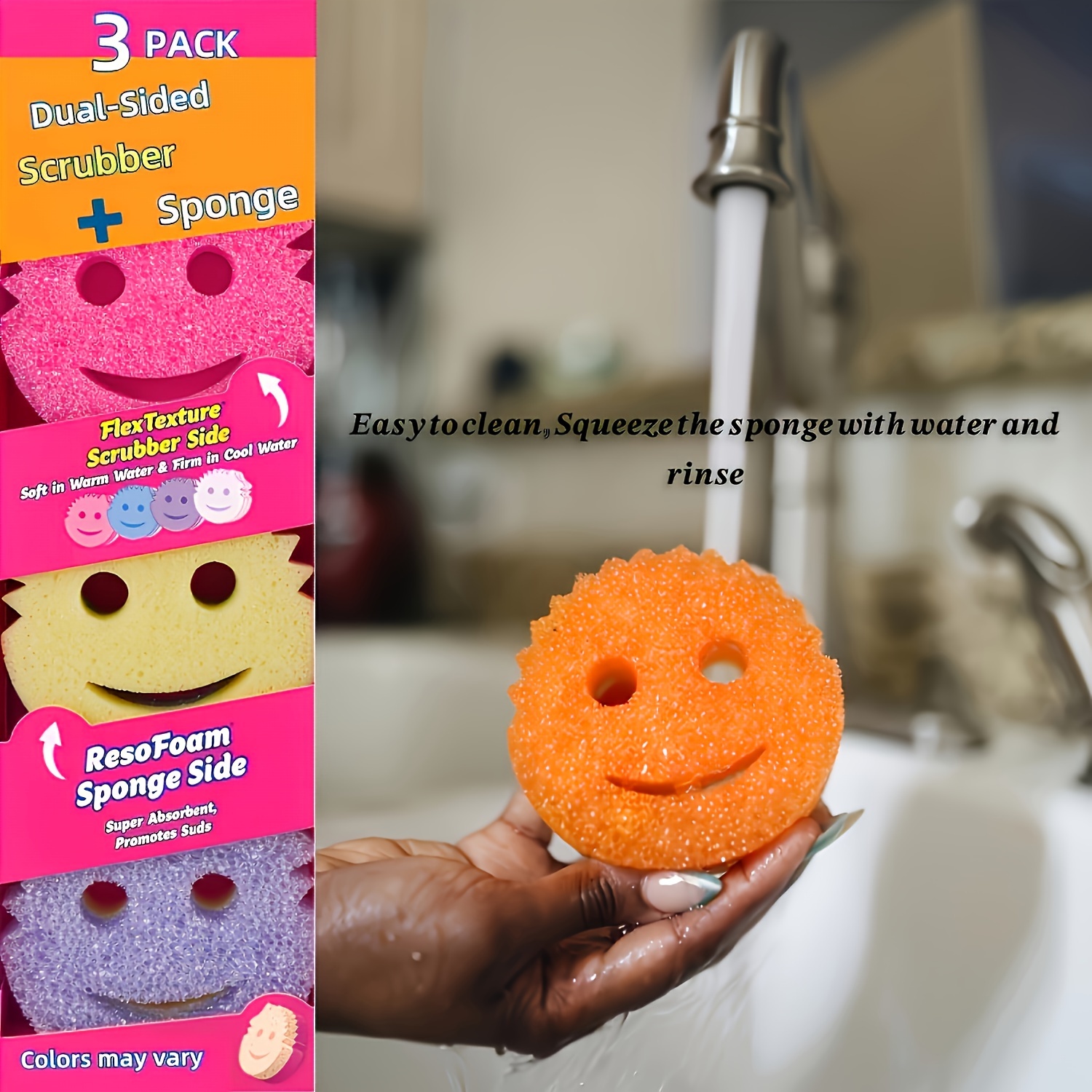 

3-pack Dual-sided Scrubbing & Sponge Pads - Temperature Sensitive, Scratch-free Cleaning Sponges For Dishes And Multi-surface Use In Bathroom & Kitchen, Flexible Texture Material For Safe Cleaning