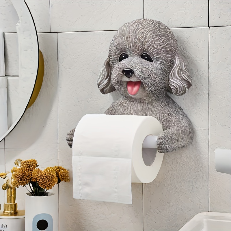 

Adorable Resin Dog Tissue Holder - No-drill Wall Mount, Decorative Roll & Towel Rack For Bathroom, Perfect Gift Idea