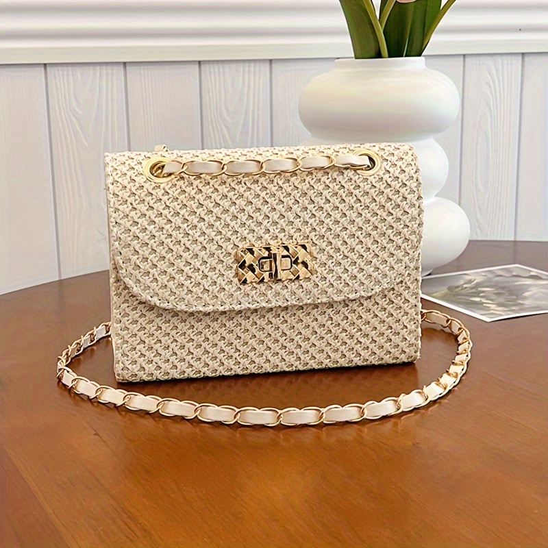 

Summer Woven Straw Bag, Fashion Chain Crossbody Bag, Bohemian Shoulder Purse For Women