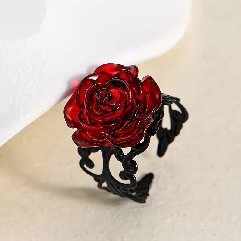 Gothic Dark Red Rose Flower Adjustable Ring