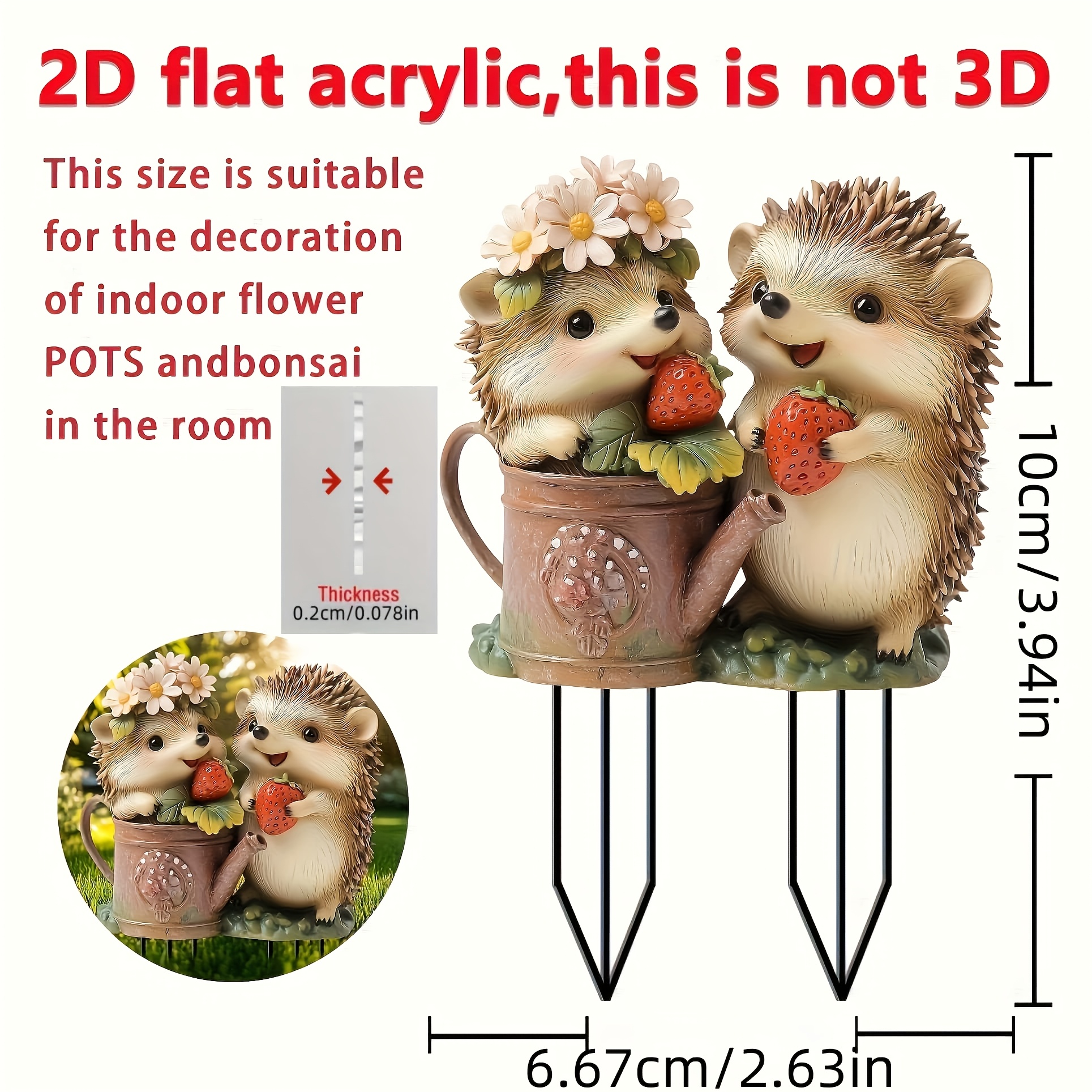 E-shop 2D Flach, 2D Flacher Acryl-Igel-Gartenschild Sonnenfänger - Niedliches Igel- & Erdbeer-Design, Klassischer Stil für Innen-/Außendekoration für