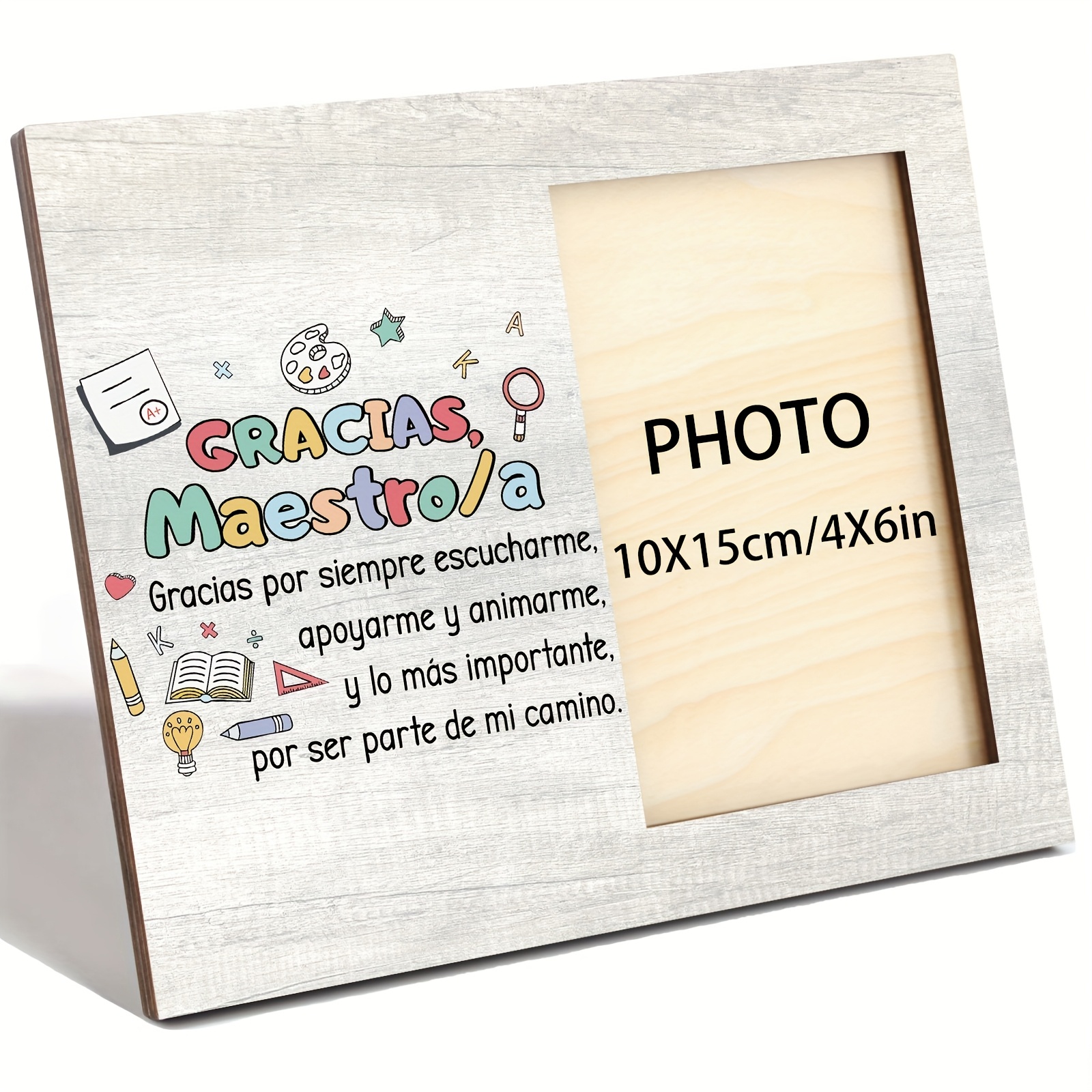 TEMU 1 Marco de Fotos de Madera, Ideal para Pared y Escritorio, un Regalo Atento para Profesores - con Diseño Español y Símbolos de Aula, para