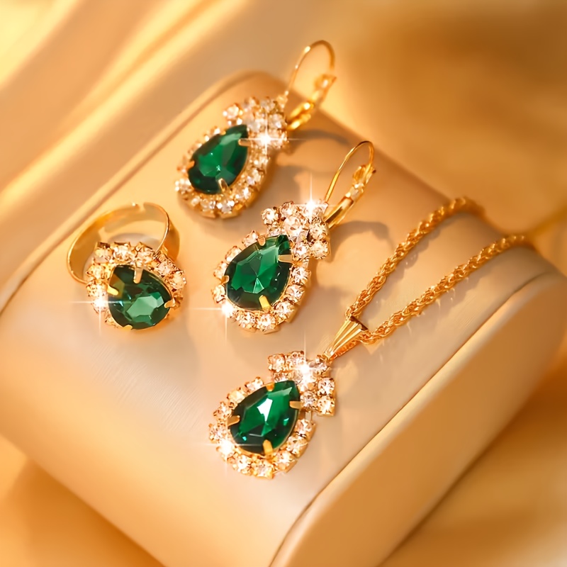 TEMU 4pcs Set Of Simple And Elegant Green Rhinestone Teardrop Pendant Jewelry, A Fashionable Alloy Jewelry Set, Suitable For Daily Wear Or Gifting